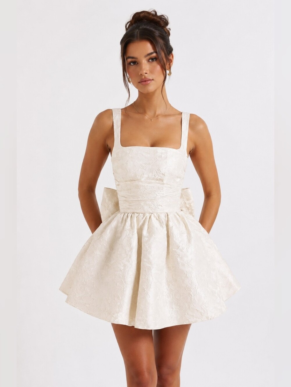 Square-Neck Jacquard Mini Dress in Ivory Size 8